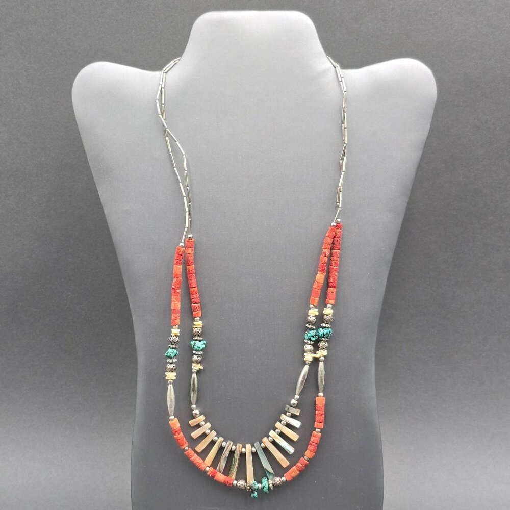 Vintage Southwestern Abalone Shell Turquoise Coral Heishi Necklace 24" Layered - Picture 9 of 13
